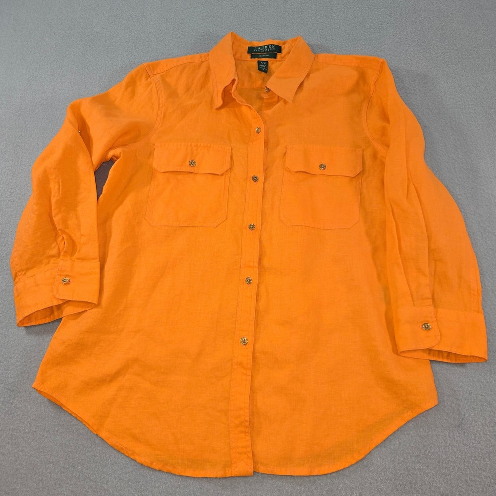 Lauren Ralph Lauren Button Down Womens PM Orange 100% Linen Roll Tab 201110933